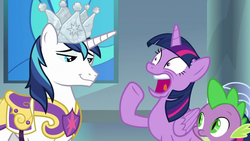 Size: 1920x1080 | Tagged: safe, screencap, shining armor, spike, twilight sparkle, alicorn, dragon, pony, unicorn, g4, sparkle's seven, crown, female, hard-won helm of the sibling supreme, male, mare, shocked expression, smug, stallion, trio, twilight sparkle (alicorn), winged spike, wings