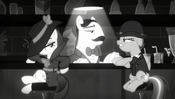 Size: 1920x1080 | Tagged: safe, screencap, rainbow dash, rarity, pony, g4, sparkle's seven, bartender, black and white, grayscale, investigator dash, juice jackie, monochrome, noir, unnamed character, unnamed pony