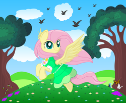 Size: 1535x1250 | Tagged: safe, artist:spellboundcanvas, fluttershy, bee, bird, butterfly, g4, clothes, cloud, cloudsdale, cute, dress, flower, fluttershy day, flying, grass, hill, in the air, shyabetes, tree