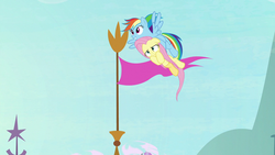 Size: 1920x1080 | Tagged: safe, screencap, fluttershy, rainbow dash, pony, g4, sparkle's seven, canterlot castle, holding a pony