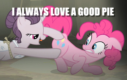 Size: 1200x753 | Tagged: safe, edit, edited screencap, screencap, pinkie pie, sugar belle, earth pony, pony, unicorn, g4, the cutie map, butt touch, caption, image macro, meme, personal space invasion, pun, text