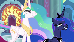 Size: 1920x1080 | Tagged: safe, screencap, princess celestia, princess luna, alicorn, pony, g4, sparkle's seven, canterlot castle, crown, duo, ethereal mane, eyeshadow, female, flowing mane, folded wings, forced smile, grin, jewelry, looking at each other, makeup, mare, narrowed eyes, regalia, royal sisters, siblings, sisters, smiling, stained glass, throne room, wings