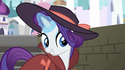 Size: 1920x1080 | Tagged: safe, screencap, rarity, pony, unicorn, g4, sparkle's seven, clothes, cute, detective rarity, female, glowing horn, hat, horn, mare, raribetes, smiling, solo