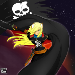 Size: 4000x4000 | Tagged: safe, artist:caoscore, applejack, earth pony, anthro, g4, anime, breasts, busty applejack, cape, captain harlock, clothes, crossover, eyepatch, flag, gun, handgun, jolly roger, pirate, pistol, ponified, scar, skull and crossbones, space, space pirate, stars, sword, weapon