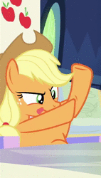 Size: 408x720 | Tagged: safe, edit, edited screencap, screencap, applejack, earth pony, pony, g4, sparkle's seven, animated, cropped, female, friendship throne, loop, no sound, out of context, solo, tongue out, webm