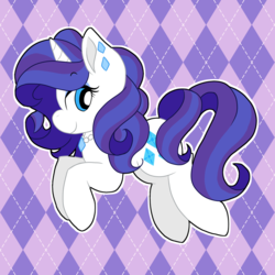 Size: 1668x1668 | Tagged: safe, artist:cenonplusfish, rarity, pony, unicorn, g4, abstract background, alternate hairstyle, argyle, ear piercing, earring, female, jewelry, looking back, mare, necklace, piercing, profile, smiling, solo, two toned mane