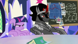 Size: 1280x720 | Tagged: safe, edit, edited screencap, editor:ah96, screencap, king sombra, twilight sparkle, alicorn, pony, unicorn, sparkle's seven, the beginning of the end, book, chalkboard, duo, female, floppy ears, friendship throne, grumpy, grumpy twilight, lidded eyes, lounging, male, mare, narrowed eyes, pouting, sitting, slouching, smiling, stallion, throne, twilight sparkle (alicorn), twilight sparkle is not amused, unamused, written equestrian