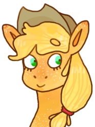 Size: 387x520 | Tagged: safe, artist:foxumbrella, applejack, earth pony, pony, g4, applejack's hat, beanbrows, bust, cowboy hat, eyebrows, eyebrows visible through hair, female, freckles, hat, mare, simple background, smiling, solo, transparent background