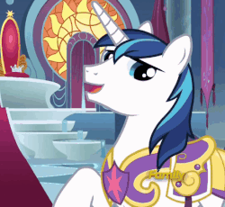 Size: 457x420 | Tagged: safe, screencap, shining armor, pony, unicorn, g4, sparkle's seven, >:), adorabolical, animated, canterlot throne room, check em, cropped, crown, cute, evil smile, gif, grin, hard-won helm of the sibling supreme, male, royal guard armor, shining adorable, smiling, smirk, solo, stallion