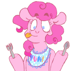Size: 770x714 | Tagged: safe, artist:foxumbrella, pinkie pie, earth pony, pony, g4, bib, female, fork, hoof hold, mare, simple background, solo, spoon, tongue out, transparent background