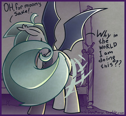 Size: 1200x1100 | Tagged: dead source, safe, artist:az-pekt, oc, oc only, oc:grey mouse, bat pony, pony, ask grey mouse, bed, butt, covering, female, mare, plot, shy, solo, tail covering, talking to viewer
