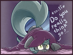Size: 1280x960 | Tagged: dead source, safe, artist:az-pekt, oc, oc only, oc:grey mouse, bat pony, pony, ask grey mouse, ass up, bed, female, looking at you, mare, solo, talking to viewer
