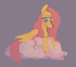 Size: 500x444 | Tagged: safe, artist:smallsartblog, fluttershy, pegasus, pony, g4, blush sticker, blushing, cloud, cute, female, lidded eyes, looking away, mare, on a cloud, prone, purple background, request, shyabetes, simple background, solo, stray strand, wavy mouth