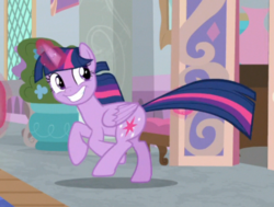 Size: 513x387 | Tagged: safe, screencap, twilight sparkle, alicorn, pony, g4, sparkle's seven, cropped, cute, excited, faic, female, galloping, glowing horn, horn, mare, smiling, solo, teeth, twiabetes, twilight sparkle (alicorn)