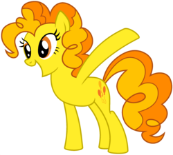Size: 1920x1729 | Tagged: safe, edit, vector edit, pinkie pie, spitfire, earth pony, pony, ponyar fusion, g4, female, fusion, mare, open mouth, palette swap, raised hoof, recolor, show accurate, simple background, solo, transparent background, vector