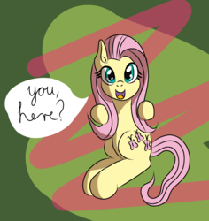 Size: 1513x1604 | Tagged: safe, artist:platinumdrop, fluttershy, pegasus, pony, g4, abstract background, dialogue, female, happy, looking at you, mare, sitting, smiling, solo, speech bubble