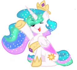 Size: 391x357 | Tagged: dead source, safe, artist:princessfireshiner, princess celestia, alicorn, pony, g4, chibi, colored wings, female, gradient wings, mare, raised hoof, simple background, sitting, solo, white background, wings