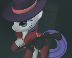 Size: 1350x1080 | Tagged: safe, artist:spinostud, rarity, pony, g4, 3d, clothes, detective rarity, female, gun, hat, mare, solo, source filmmaker, submachinegun, thompson, weapon
