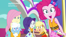 Size: 1920x1080 | Tagged: safe, screencap, applejack, fluttershy, pinkie pie, rarity, sheep, equestria girls, equestria girls specials, g4, my little pony equestria girls: better together, my little pony equestria girls: spring breakdown, animal, cute, female, geode of sugar bombs, geode of super strength, hand on shoulder, happy, holding hands, hug, lifejacket, magical geodes, shipping fuel, shyabetes, smiling