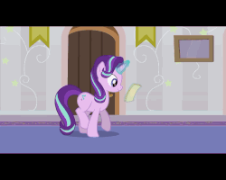 Size: 720x576 | Tagged: safe, artist:agrol, rainbow dash, starlight glimmer, pegasus, pony, unicorn, just relax and read, g4, animated, carpet, caught, door, female, framed picture, hallway, lamp, light, looking at something, looking at you, looking back, looking back at you, magic, reading, surprised, telekinesis, walking