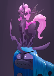 Size: 2480x3508 | Tagged: safe, artist:underpable, queen chrysalis, oc, changeling, changeling queen, g4, angry, blushing, changeling oc, changeling queen oc, commission, cross-popping veins, cute, cuteling, daaaaaaaaaaaw, duo, duo female, eyes closed, female, frown, glare, gradient background, gray background, high res, micro, ocbetes, open mouth, pink changeling, profile, simple background, singing, smiling, spotlight, tongue out, wavy mouth, wide eyes