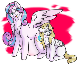 Size: 1200x1000 | Tagged: safe, artist:icefeather24, princess flurry heart, oc, oc:gleaming grace, alicorn, pony, g4, adult, alicorn oc, belly, chest fluff, female, impossibly large belly, mama flurry, mother and daughter, multiple pregnancy, offspring, offspring's offspring, older, older flurry heart, one wing out, parent:oc:shimmering glow, parent:princess flurry heart, parents:canon x oc, pregnant, sad