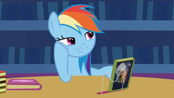 Size: 1920x1080 | Tagged: safe, artist:agrol, screencap, daring do, rainbow dash, pegasus, pony, just relax and read, g4, book, bookshelf, female, happy, library, looking at something, mare, smiling, solo