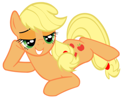 Size: 4632x3760 | Tagged: safe, artist:iamthegreatlyra, applejack, earth pony, pony, g4, bedroom eyes, damn sexy pose, draw me like one of your french girls, female, lidded eyes, mare, missing accessory, pose, prone, sexy, simple background, smiling, solo, stupid sexy applejack, transparent background, vector