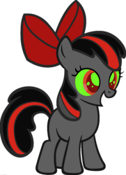 Size: 900x1243 | Tagged: safe, edit, vector edit, apple bloom, king sombra, earth pony, pony, ponyar fusion, g4, apple bloom's bow, bow, colored sclera, female, filly, foal, fusion, green sclera, hair bow, palette swap, recolor, red eyes, simple background, smiling, solo, teeth, transparent background, vector