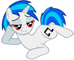 Size: 3013x2476 | Tagged: safe, artist:iamthegreatlyra, dj pon-3, vinyl scratch, pony, unicorn, g4, bedroom eyes, damn sexy pose, draw me like one of your french girls, female, high res, lidded eyes, mare, missing accessory, pose, prone, sexy, simple background, smiling, solo, stupid sexy vinyl, transparent background, vector, wrong eye color