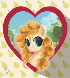 Size: 2596x2870 | Tagged: safe, artist:jaycdandelion, pear butter, earth pony, pony, g4, :p, bust, female, heart eyes, high res, picture frame, portrait, silly, smiling, solo, tongue out, wingding eyes