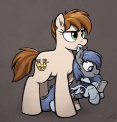Size: 675x702 | Tagged: safe, artist:selenophile, oc, oc only, oc:sweet heart, oc:umbra, bat pony, pony, armor, bat pony oc, cute, duo, female, filly, game boy, holding a pony, mare, scruff, size difference, unamused