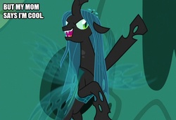 Size: 729x500 | Tagged: safe, edit, edited screencap, screencap, queen chrysalis, changeling, changeling queen, g4, to where and back again, caption, cave, cavern, female, flying, image macro, male, mother, raised hoof, solo, text, the simpsons