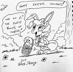 Size: 2891x2850 | Tagged: safe, artist:debmervin, pinkie pie, earth pony, pony, g4, basket, bunny ears, easter, easter basket, easter bunny, easter egg, female, high res, holiday, monochrome, neck bow, solo, traditional art