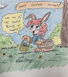 Size: 2804x3160 | Tagged: safe, artist:debmervin, pinkie pie, pony, g4, animal costume, basket, bunny costume, bunny ears, clothes, costume, easter, easter basket, easter bunny, easter egg, female, high res, holiday, neck bow, solo, traditional art