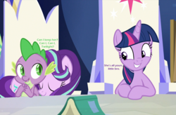 Size: 1469x963 | Tagged: safe, artist:uigsyvigvusy, edit, edited screencap, hundreds of users filter this tag, screencap, spike, starlight glimmer, twilight sparkle, alicorn, dragon, pony, unicorn, sparkle's seven, behaving like a cat, book, caption, chair, curled up, cute, cutie map, daaaaaaaaaaaw, eyes closed, female, friendship throne, image macro, male, map, mare, shipper on deck, shipping, smiling, sniffing, sparlight, spikelove, straight, text, throne room, twilight sparkle (alicorn), twilight's castle, vector, winged spike, wings