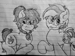 Size: 2560x1920 | Tagged: safe, artist:thebadbadger, oc, oc only, oc:bubblegum, oc:phire demon, pony, lineart, lined paper, rule 63, tongue out, traditional art