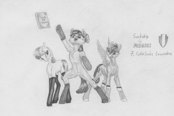 Size: 3816x2557 | Tagged: safe, artist:joestick, apple bloom, scootaloo, sweetie belle, earth pony, pegasus, pony, unicorn, g4, clothes, cutie mark crusaders, female, high res, magic, mare, monochrome, pencil drawing, socks, sockship is magic, traditional art