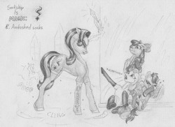 Size: 1581x1151 | Tagged: safe, artist:joestick, apple bloom, scootaloo, starlight glimmer, sweetie belle, earth pony, pegasus, pony, unicorn, g4, :i, against wall, book, clothes, cutie mark crusaders, female, magic, mare, monochrome, pencil drawing, prank, socks, sockship is magic, squeaky belle, starlight glimmer is not amused, teleportation, traditional art, twilight's castle, unamused