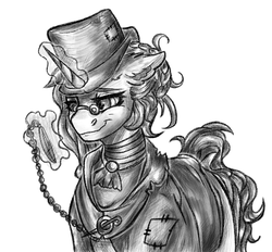 Size: 849x789 | Tagged: safe, artist:raychelrage, oc, oc only, pony, unicorn, fallout equestria, choker, clothes, craft, engraving, female, glasses, hat, jewelry, mare, patch, pince-nez, pocket watch, raider, solo, suit