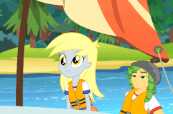 Size: 640x420 | Tagged: safe, screencap, derpy hooves, sandalwood, equestria girls, g4, my little pony equestria girls: legend of everfree, animated, blowing, camp everfree outfits, cute, derpabetes, female, gif, male