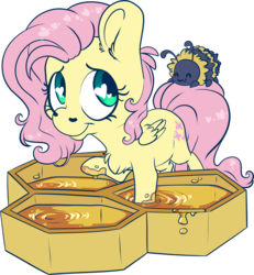 Size: 1706x1846 | Tagged: safe, artist:cutepencilcase, fluttershy, bee, insect, pegasus, pony, g4, chest fluff, cute, digital art, ear fluff, female, folded wings, food, heart eyes, honey, honeycomb (structure), looking back, mare, raised hoof, shyabetes, simple background, smiling, solo, three quarter view, transparent background, wingding eyes, wings