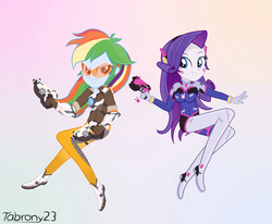 Size: 3400x2800 | Tagged: safe, artist:tabrony23, rainbow dash, rarity, equestria girls, g4, action pose, clothes, cosplay, costume, d.va, gun, high res, overwatch, rainbow tracer, show accurate, tracer, weapon, whisker markings