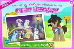 Size: 1042x690 | Tagged: safe, gameloft, coco pommel, junebug, moondancer, orion, party favor, sheriff silverstar, shooting star (g4), earth pony, pony, unicorn, g4, advertisement, background pony, bridge, collection, cowboy hat, facial hair, female, hat, male, mare, moustache, planetary bob, stallion