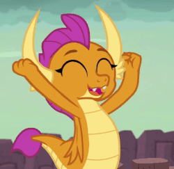 Size: 542x526 | Tagged: safe, screencap, smolder, dragon, g4, season 9, uprooted, animated, cheerful, cheering, clenched fist, cropped, cute, dragon lands, dragoness, eyes closed, fangs, female, folded wings, gif, happy, horns, laughing, open mouth, smolderbetes, solo, teenaged dragon, teenager, victory, wings
