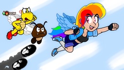 Size: 1419x800 | Tagged: safe, artist:zer0cute, rainbow dash, goomba, human, koopa paratroopa, equestria girls, g4, bullet bill, clothes, crossover, fingerless gloves, flying, gloves, humanized, nintendo, paratroopa, pegasus wings, shoes, sneakers, super mario bros., winged humanization, wings