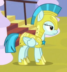 Size: 343x365 | Tagged: safe, screencap, guardian angel (g4), pegasus, pony, g4, sparkle's seven, background pony, cropped, female, guardsmare, helmet, hoof shoes, lidded eyes, mare, pegasus royal guard, royal guard, royal guard armor, solo