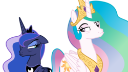 Size: 6000x3375 | Tagged: safe, artist:sketchmcreations, princess celestia, princess luna, alicorn, pony, g4, sparkle's seven, duo, female, floppy ears, grumpy, looking at each other, mare, pouting, simple background, transparent background, vector