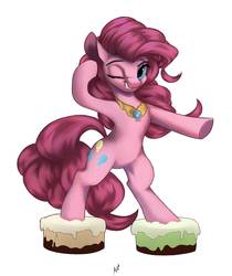Size: 1145x1361 | Tagged: safe, artist:fluttersheeeee, pinkie pie, earth pony, pony, g4, the beginning of the end, bipedal, cake, cakewalk, cute, diapinkes, element of laughter, female, food, mare, one eye closed, pun, simple background, smiling, solo, visual pun, white background, wink