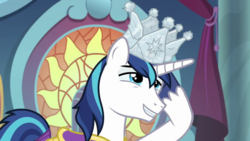 Size: 1920x1080 | Tagged: safe, screencap, shining armor, pony, unicorn, g4, sparkle's seven, crown, hard-won helm of the sibling supreme, male, solo, stallion